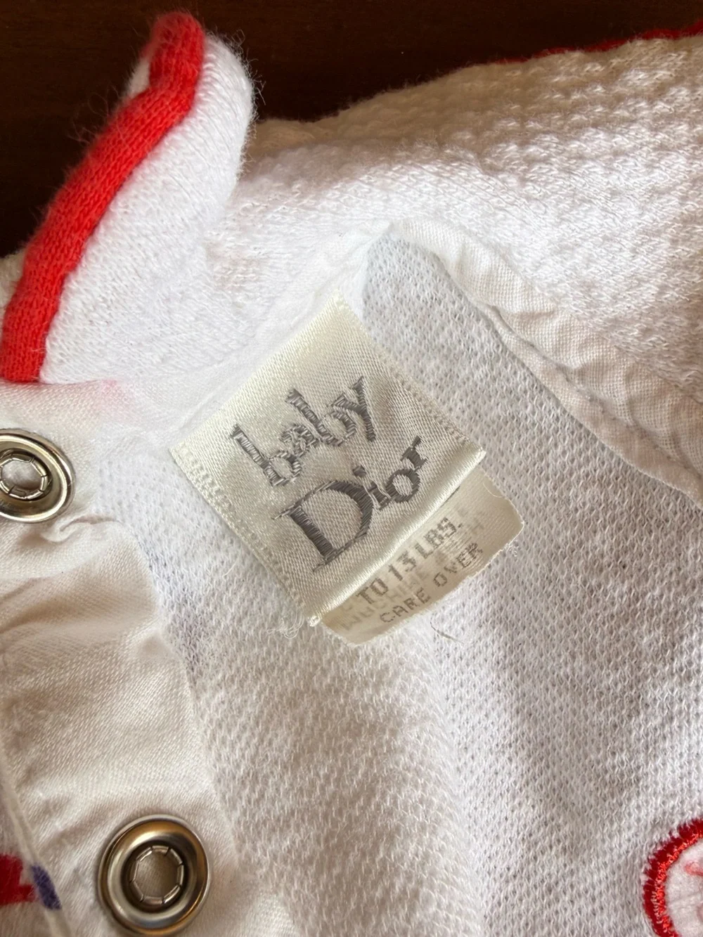 BABY DIOR Vintage 100 Percent Cotton White Baby Bodysuit with Hearts Red Trim